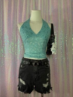 Body Central Light Blue Floral Lace Y2K Halter Neck Tank Top ★彡